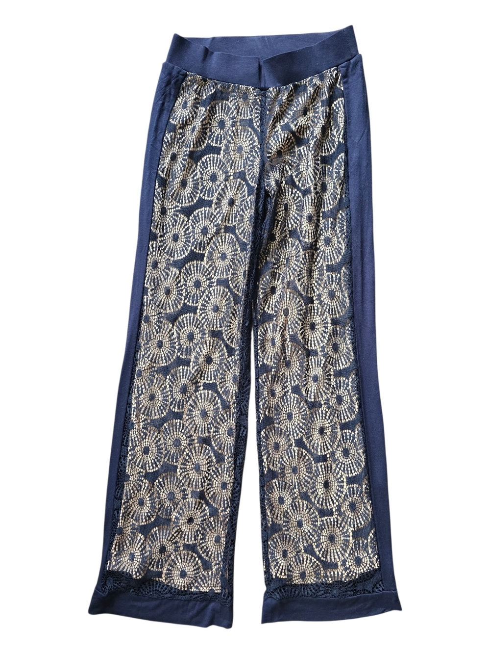 Carmen Marc Valvo Navy Layered Crochet Lace Lounge Trousers